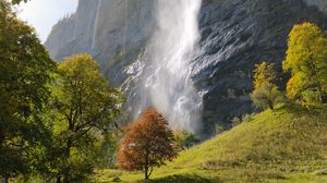 Preview wallpaper waterfall, rock, trees, landscape