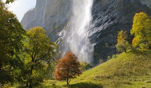 Preview wallpaper waterfall, rock, trees, landscape