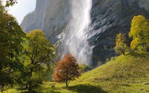 Preview wallpaper waterfall, rock, trees, landscape
