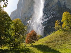 Preview wallpaper waterfall, rock, trees, landscape