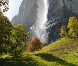 Preview wallpaper waterfall, rock, trees, landscape