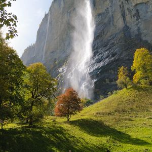 Preview wallpaper waterfall, rock, trees, landscape