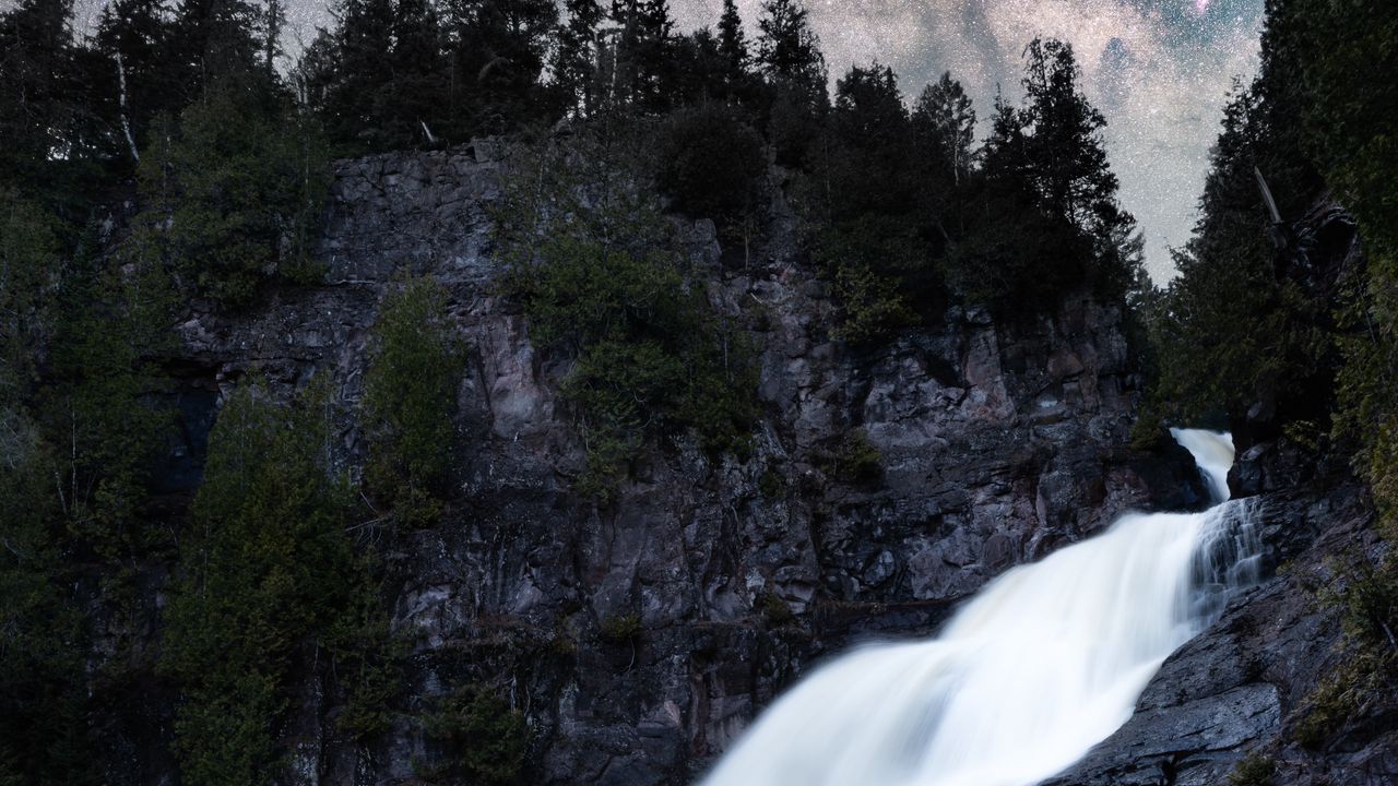 Wallpaper waterfall, rock, trees, starry sky, night, landscape