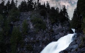 Preview wallpaper waterfall, rock, trees, starry sky, night, landscape