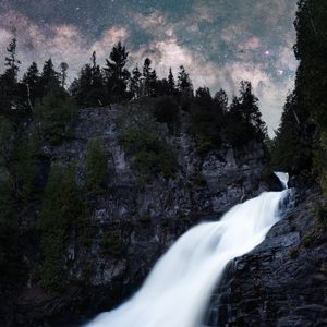 Preview wallpaper waterfall, rock, trees, starry sky, night, landscape