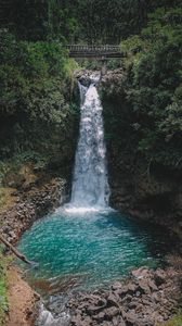 Preview wallpaper waterfall, rock, trees, lake, landscape