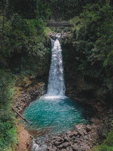 Preview wallpaper waterfall, rock, trees, lake, landscape