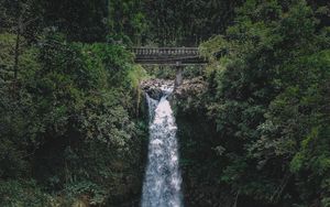 Preview wallpaper waterfall, rock, trees, lake, landscape