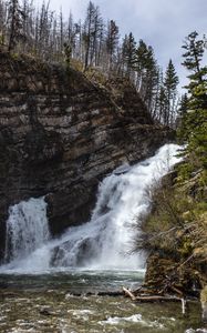 Preview wallpaper waterfall, rock, trees, water, river