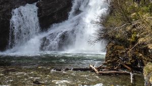 Preview wallpaper waterfall, rock, trees, water, river
