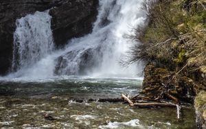 Preview wallpaper waterfall, rock, trees, water, river