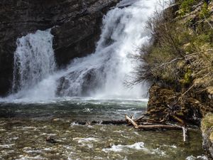 Preview wallpaper waterfall, rock, trees, water, river