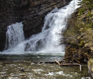 Preview wallpaper waterfall, rock, trees, water, river