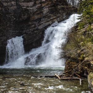 Preview wallpaper waterfall, rock, trees, water, river