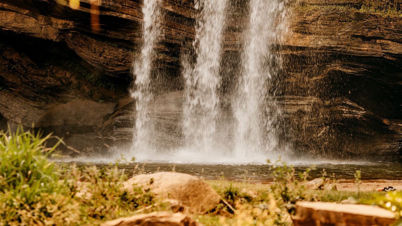 Wallpaper waterfall, rock, water, stones, vegetation