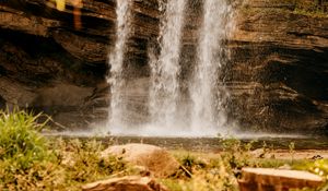Preview wallpaper waterfall, rock, water, stones, vegetation