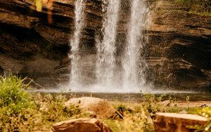 Preview wallpaper waterfall, rock, water, stones, vegetation