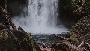 Preview wallpaper waterfall, rock, water, stream, spray