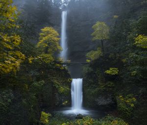 Preview wallpaper waterfall, rock, water, bridge, trees