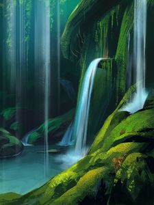 Preview wallpaper waterfall, rock, water, art