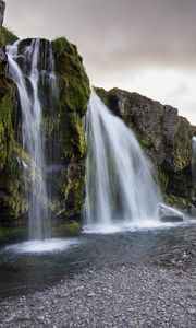Preview wallpaper waterfall, rock, water, landscape, nature, iceland