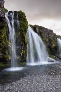 Preview wallpaper waterfall, rock, water, landscape, nature, iceland