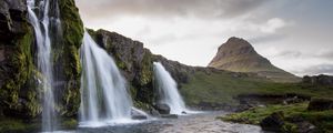 Preview wallpaper waterfall, rock, water, landscape, nature, iceland