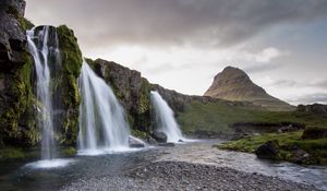 Preview wallpaper waterfall, rock, water, landscape, nature, iceland