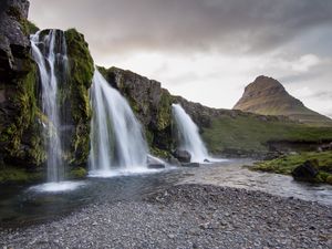 Preview wallpaper waterfall, rock, water, landscape, nature, iceland