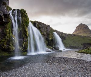 Preview wallpaper waterfall, rock, water, landscape, nature, iceland