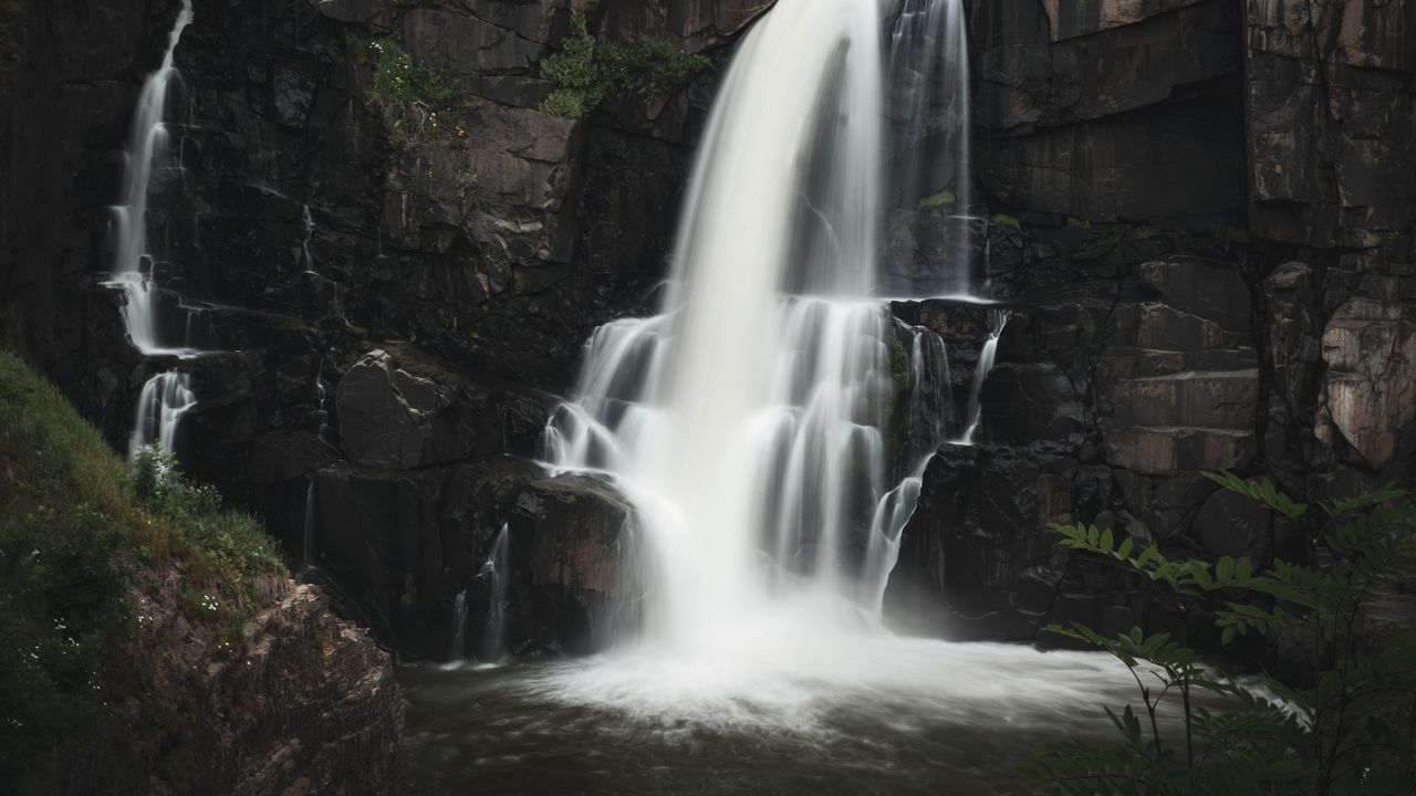 Wallpaper waterfall, rock, water, stream, nature, long exposure