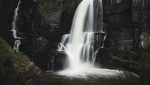 Preview wallpaper waterfall, rock, water, stream, nature, long exposure