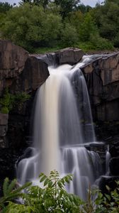 Preview wallpaper waterfall, rock, water, bushes, landscape