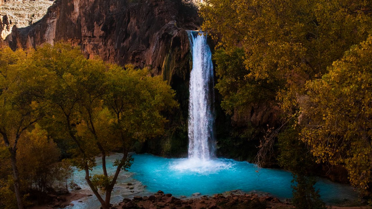 Wallpaper waterfall, rocks, blocks, trees