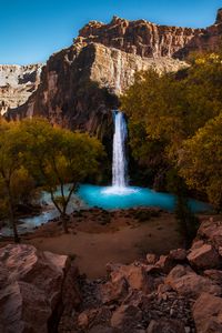 Preview wallpaper waterfall, rocks, blocks, trees