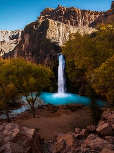 Preview wallpaper waterfall, rocks, blocks, trees