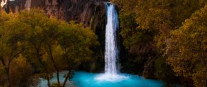 Preview wallpaper waterfall, rocks, blocks, trees