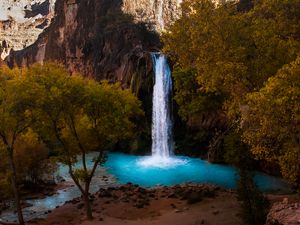 Preview wallpaper waterfall, rocks, blocks, trees