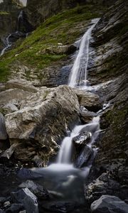 Preview wallpaper waterfall, rocks, blocks, grass