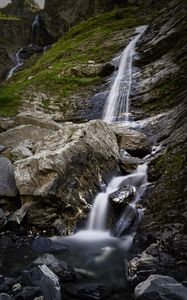 Preview wallpaper waterfall, rocks, blocks, grass