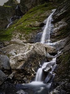 Preview wallpaper waterfall, rocks, blocks, grass