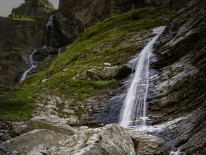 Preview wallpaper waterfall, rocks, blocks, grass