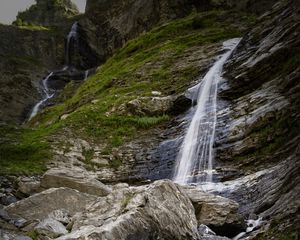 Preview wallpaper waterfall, rocks, blocks, grass