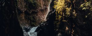Preview wallpaper waterfall, rocks, bridge, trees, tourists