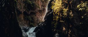 Preview wallpaper waterfall, rocks, bridge, trees, tourists