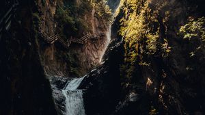 Preview wallpaper waterfall, rocks, bridge, trees, tourists