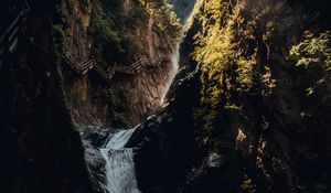 Preview wallpaper waterfall, rocks, bridge, trees, tourists