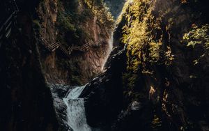 Preview wallpaper waterfall, rocks, bridge, trees, tourists