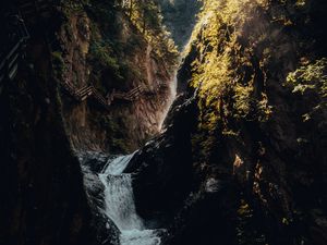 Preview wallpaper waterfall, rocks, bridge, trees, tourists