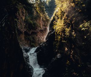 Preview wallpaper waterfall, rocks, bridge, trees, tourists